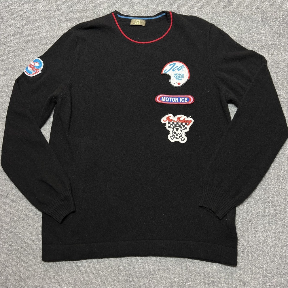Iceberg Sweater Mens Large Black 100% Wool Crewneck Motor Ice Patch Gilmar